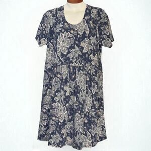 Lands' End Paisley Blue Midi Dress 3X / 24-26 Pleated Waist Short Sleeve Pockets
